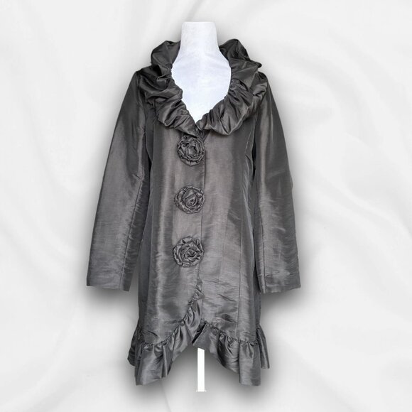 Unique Black Ruffle Trim Satin Top with Rosette Buttons – Med - Evening, Goth - Picture 1 of 13
